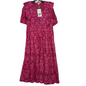 New Briton Court Mamie Magenta Large Pink Floral Midi Cotton Dress Resortwear